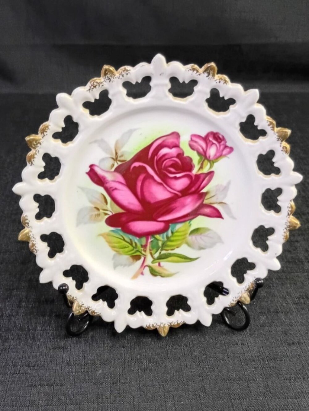 Vintage Reticulated Red Pink Rose Plate, Gold Trim 7 1/4 Norcrest P-498